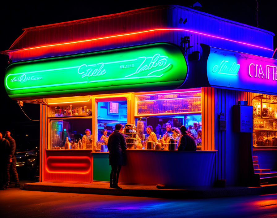 Night scene of neon-lit cafe with patrons and passersby