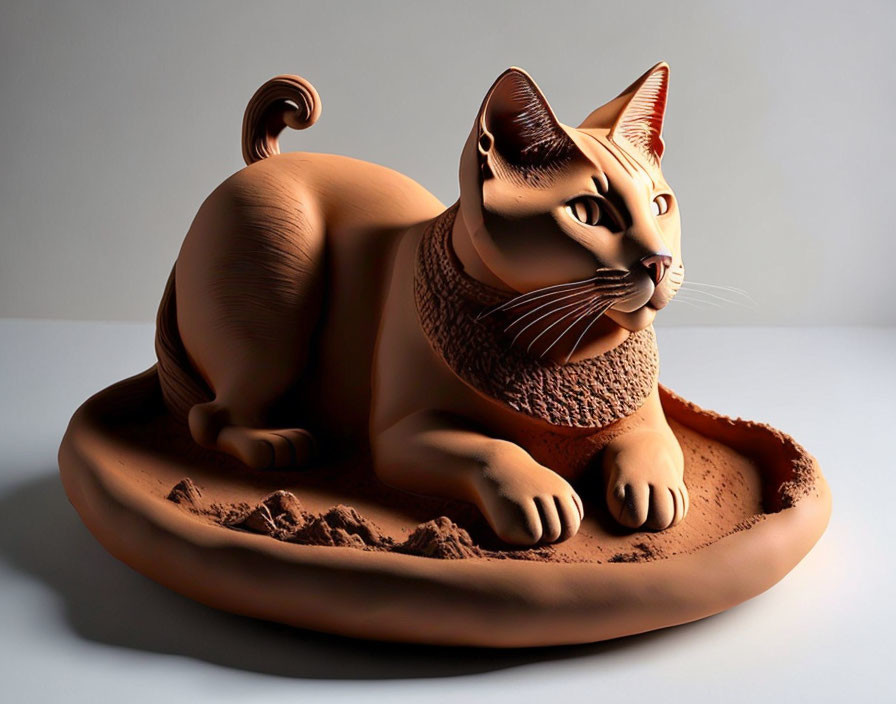 Realistic Brown Clay Cat Sculpture on Circular Sand Base