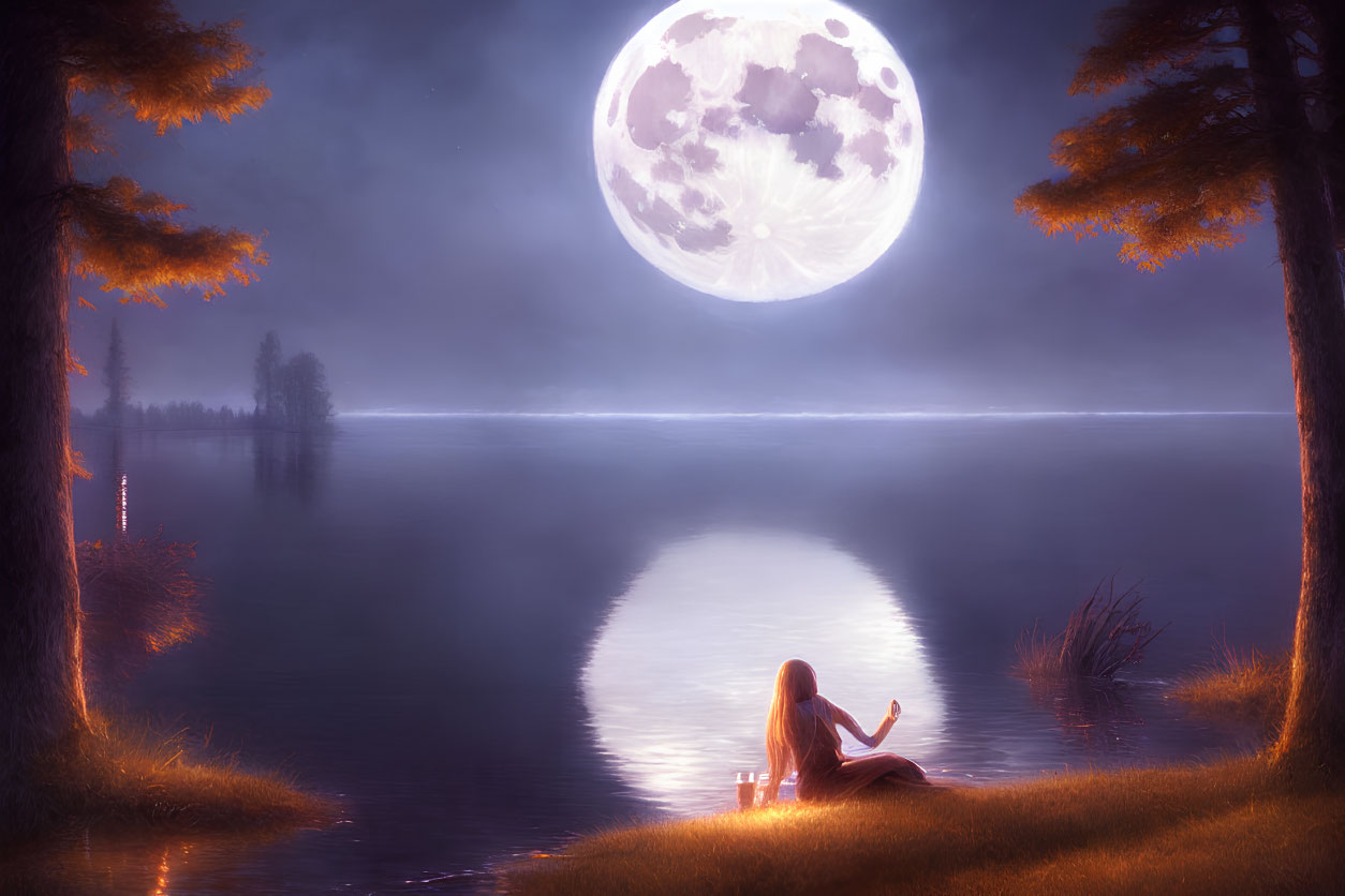 Serene moonlit scene by tranquil lake with candles and trees