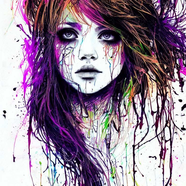 Vibrant ink splashes portrait of a woman with intense eyes