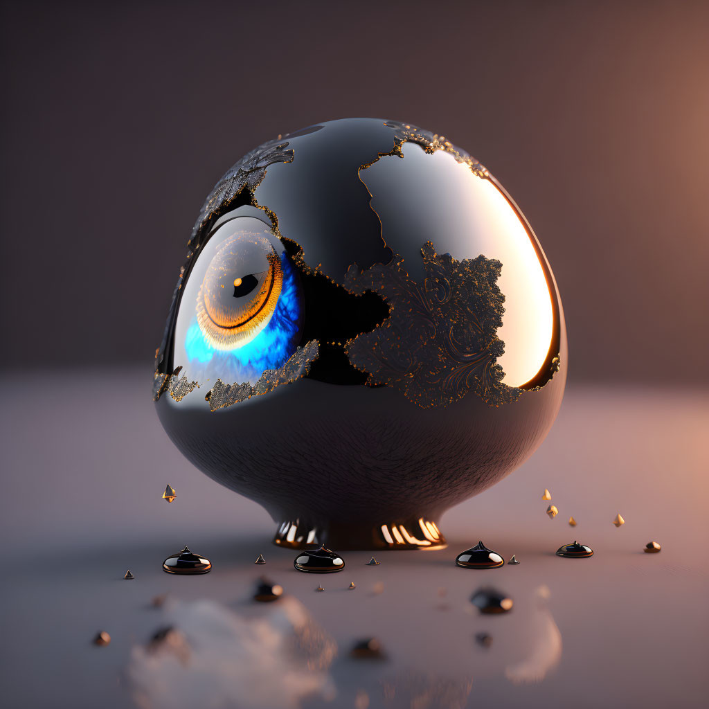 Detailed Golden Fractal Design on Glossy Black Sphere with Human Eye