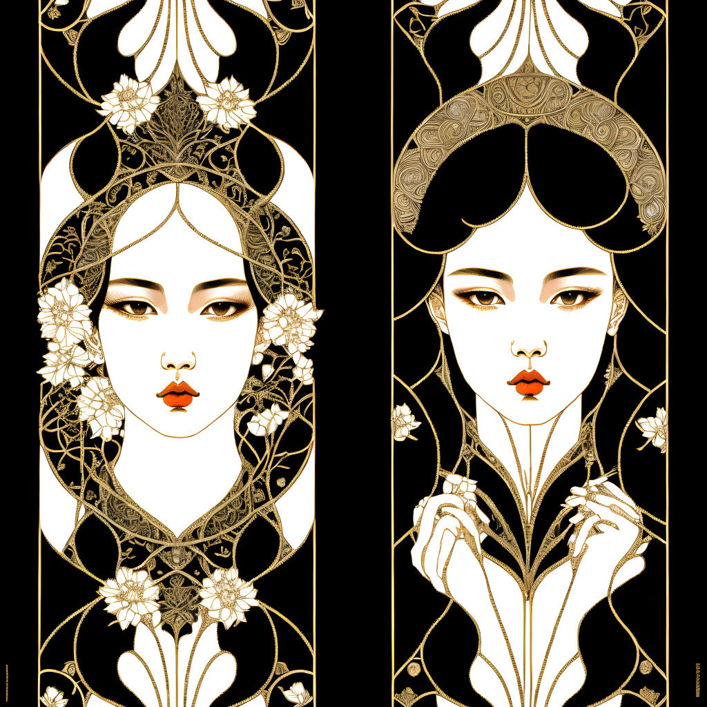 Symmetrical black and gold illustration of two stylized women with floral motifs