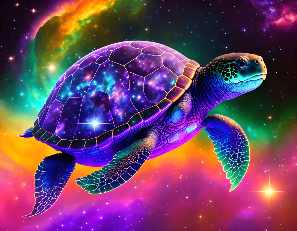 Colorful cosmic turtle with starry shell in nebula backdrop