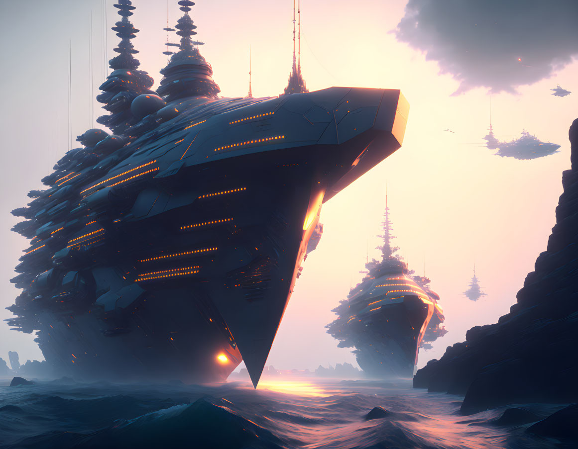 Gigantic futuristic naval fleet on ocean at sunset