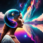 Woman's side profile with cosmic brain against surreal nebula.