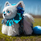 Handmade White Cat Plush Toy with Blue Accents and Feather-like Textures on Grass