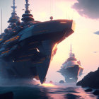 Gigantic futuristic naval fleet on ocean at sunset