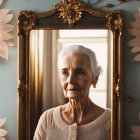 Serene elderly woman reflected in ornate golden mirror with sunflower motifs