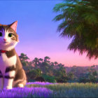 Cartoon Cat with Collar in Sunset Field with Palm Trees