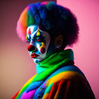 Colorful Clown Makeup and Costume with Red Nose and Multicolored Wig on Pink Backdrop