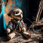 Vintage-style figurine in rustic attire on wooden planks amidst tattered fabric.