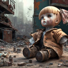 Large-headed mechanical doll in industrial setting with haunting expression.