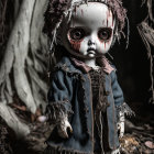 Creepy doll with wide, staring eyes in tattered blue outfit