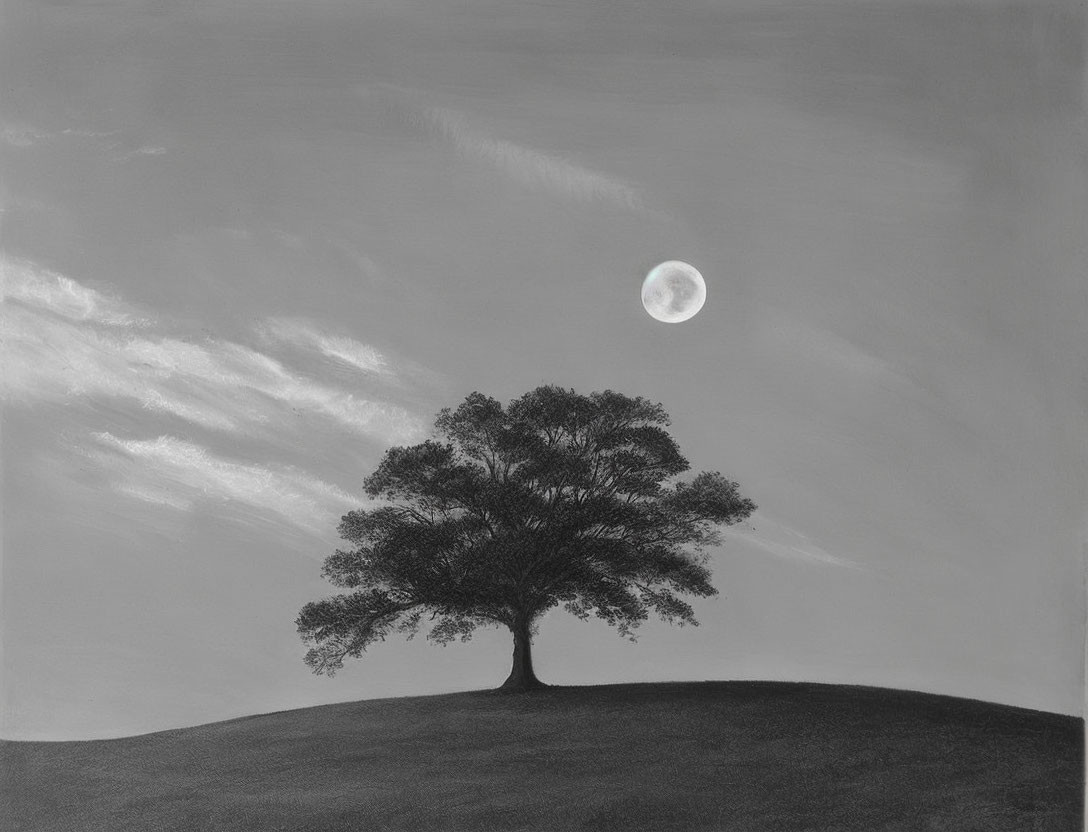 Monochromatic image of solitary tree on hill with moon and cloud streaks