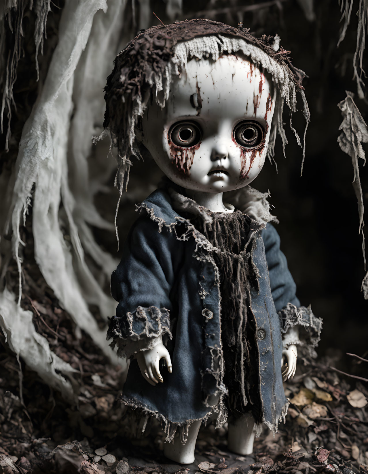 Creepy doll with wide, staring eyes in tattered blue outfit