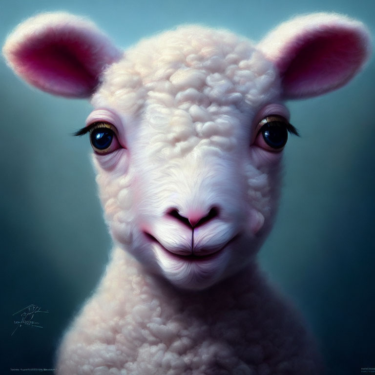 Adorable lamb with woolly coat, dark eyes, and pink ears on blue background