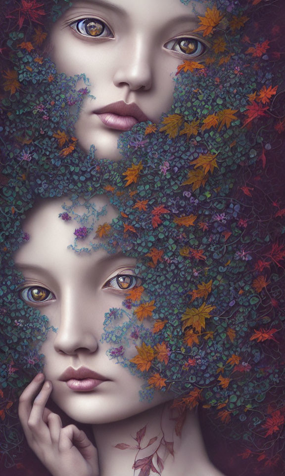 Digital Artwork: Two Female Faces Among Colorful Foliage and Flowers