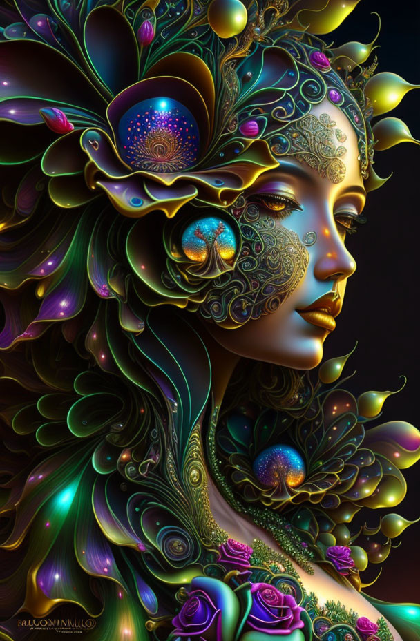 Colorful Digital Art Portrait of Woman with Ornate Headpieces