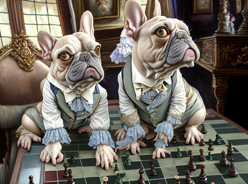 Historical cartoon bulldogs playing chess in ornate room