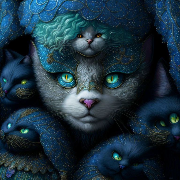 Artistic image of multiple blue cats with glowing green eyes and ornate patterns.