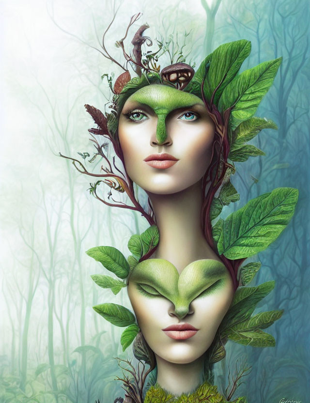 Surreal double-faced female figure in misty forest setting