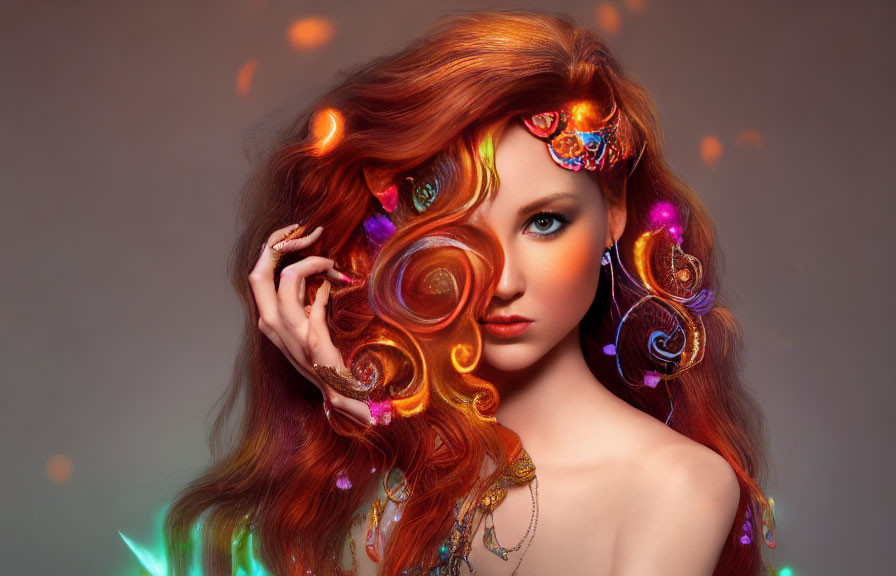 Vibrant curly red hair with colorful ornaments on soft brown background