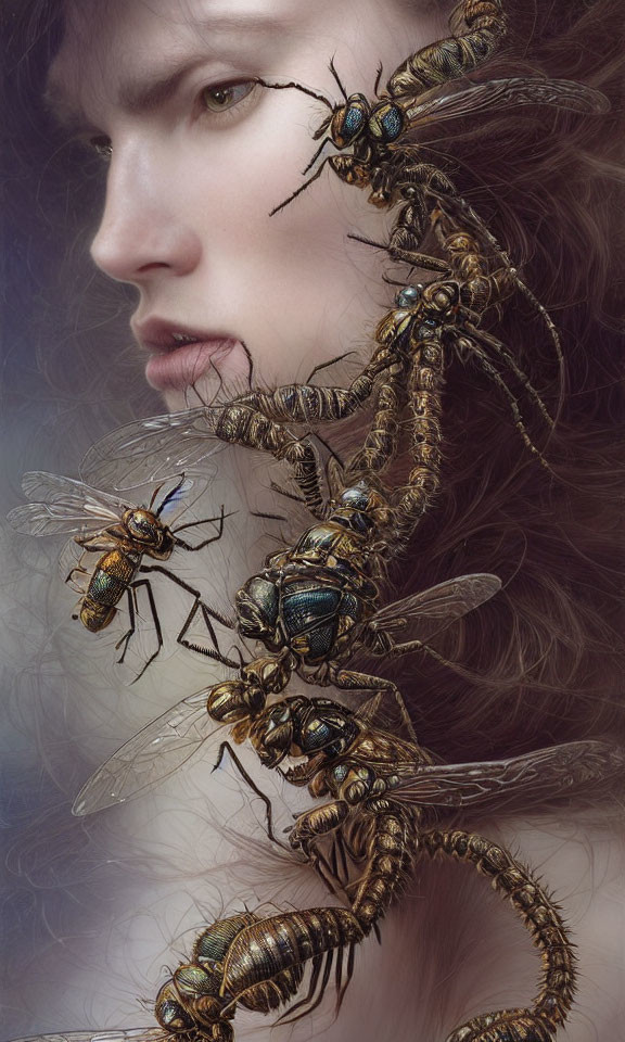 Realistic insects on woman's profile create eerie artistic composition