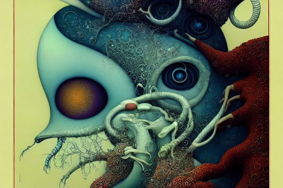 Surreal organic form with multiple eyes and tentacles in blue and orange palette