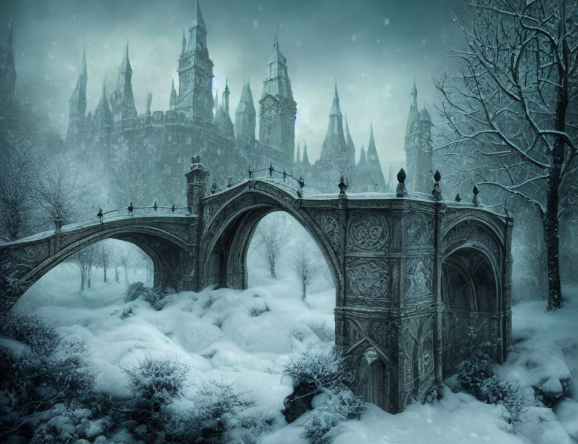 Snow-covered bridge and Gothic-style castle in enchanting winter scene