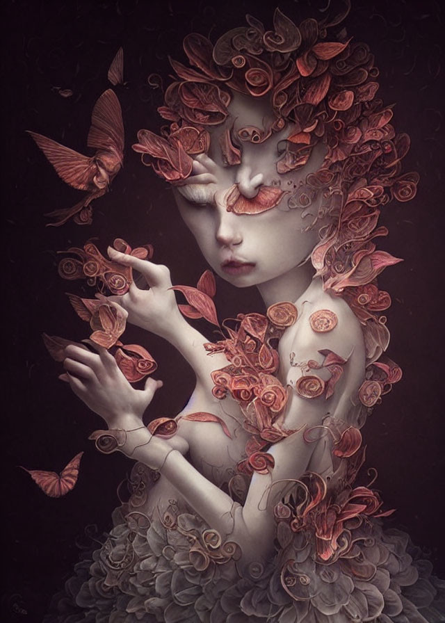 Intricate floral and butterfly details on surreal portrait