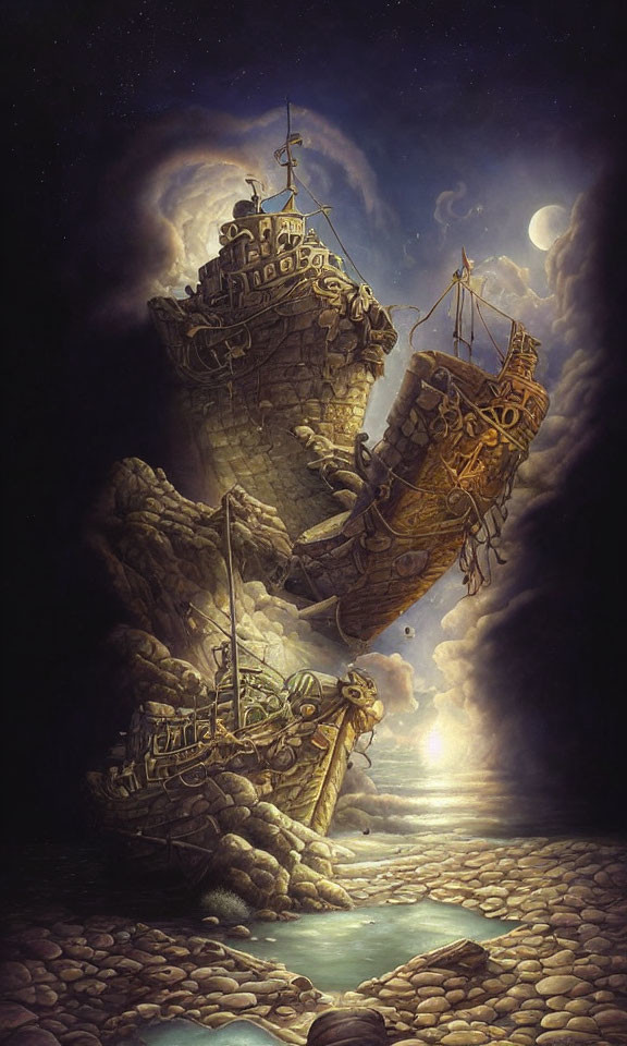 Fantasy artwork: Shipwrecked boat on cliff under moonlit sky