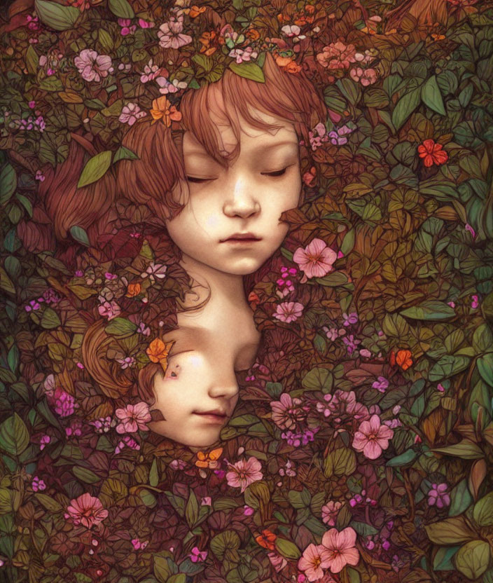 Serene faces with vibrant flowers in auburn hair among flourishing flora