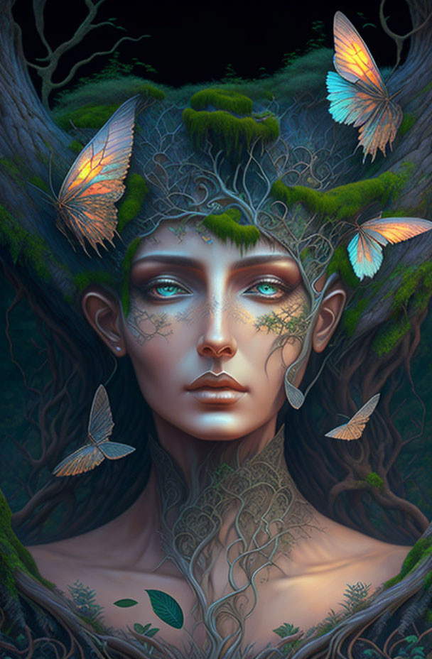 Fantasy portrait of woman with tree-like features and butterflies in a mystical nature setting