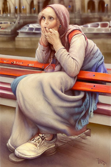 Person sitting on bench with headscarf, sweater, blanket, and oversized shoes.