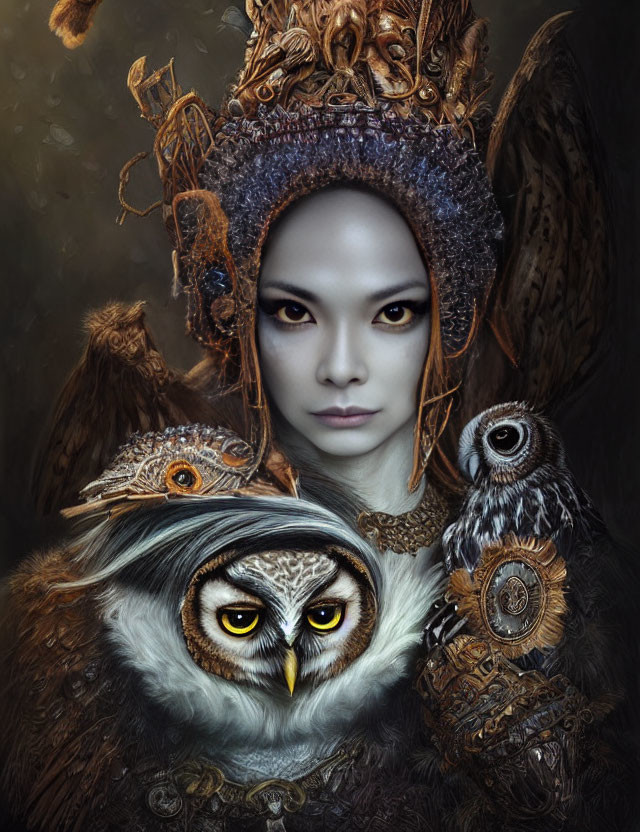 Detailed portrait of person with ornate headdress and owls on dark background