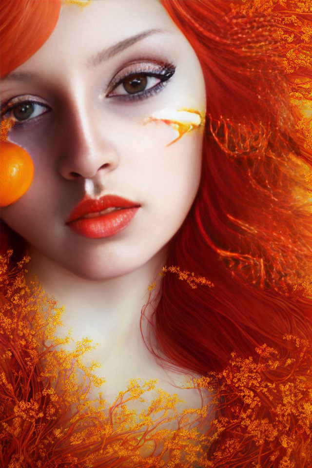 Vibrant red hair, fair skin, dramatic makeup, orange paint splash