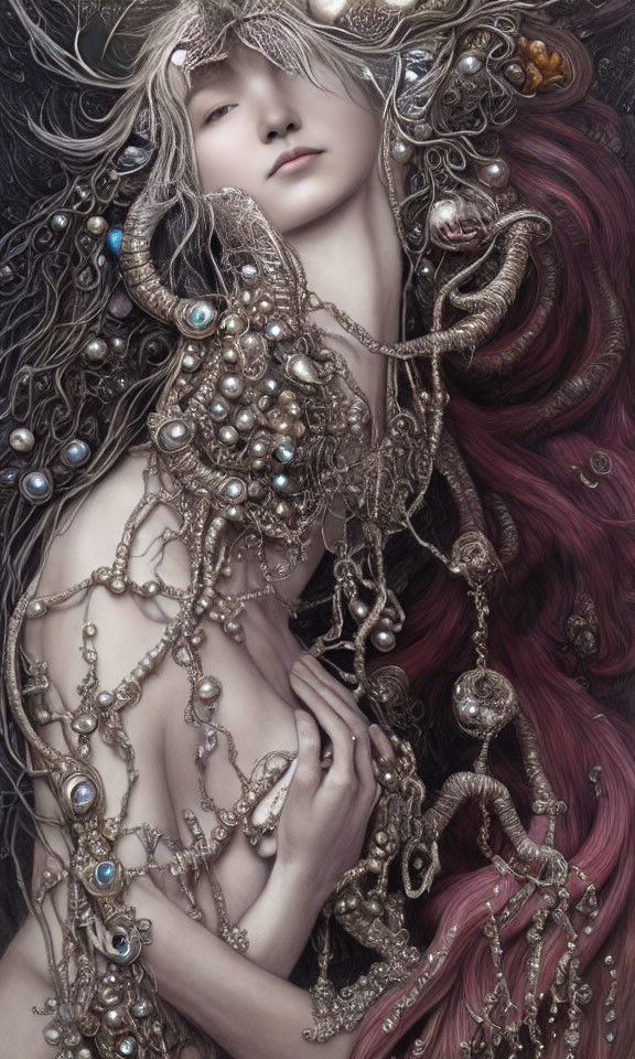 Fantasy artwork of pale woman with metallic ornaments and horns