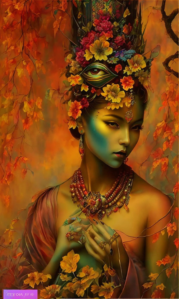 Autumnal Figure with Flowers and Intricate Jewelry