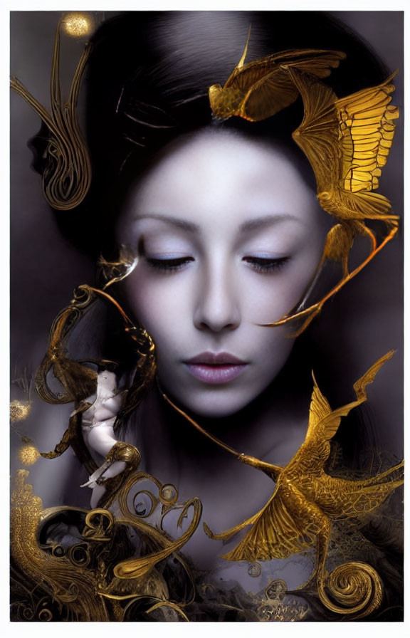 Serene woman with closed eyes in golden headdress on dark background