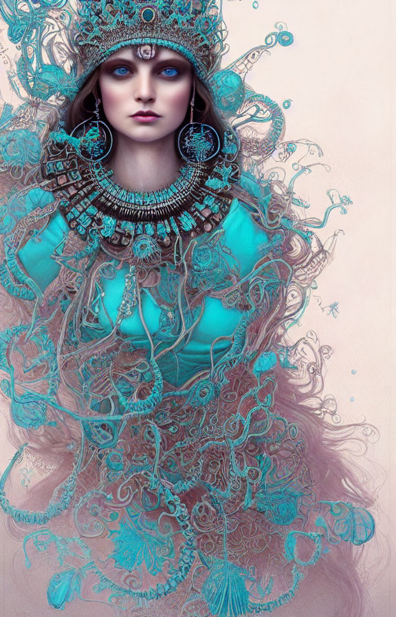 Detailed illustration of woman in turquoise and silver headpiece and collar