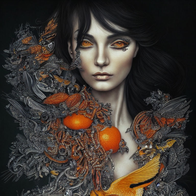 Dark-haired woman with ornate metallic designs and orange birds, pensive expression