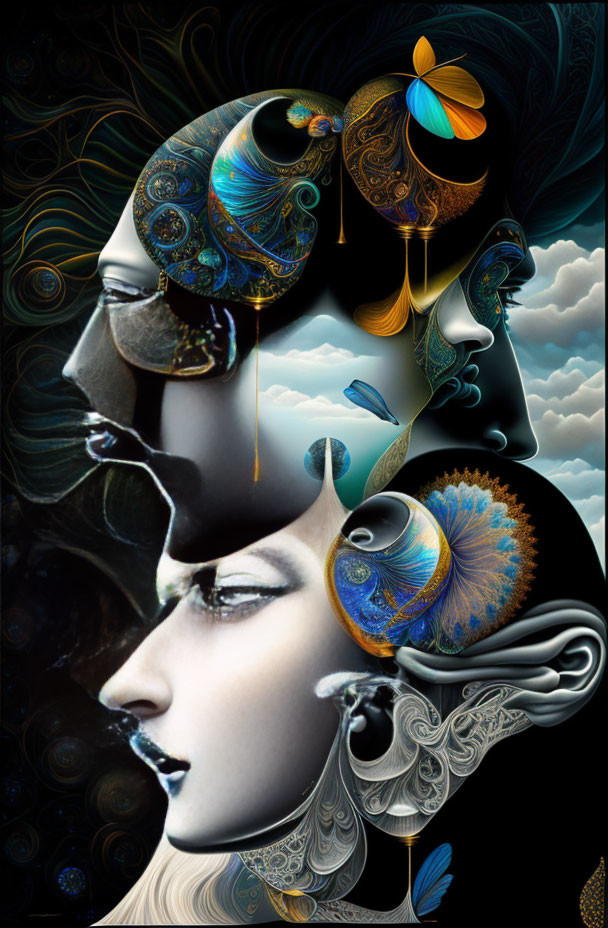 Detailed surreal digital artwork of female face with cosmic patterns and vibrant colors on dark background