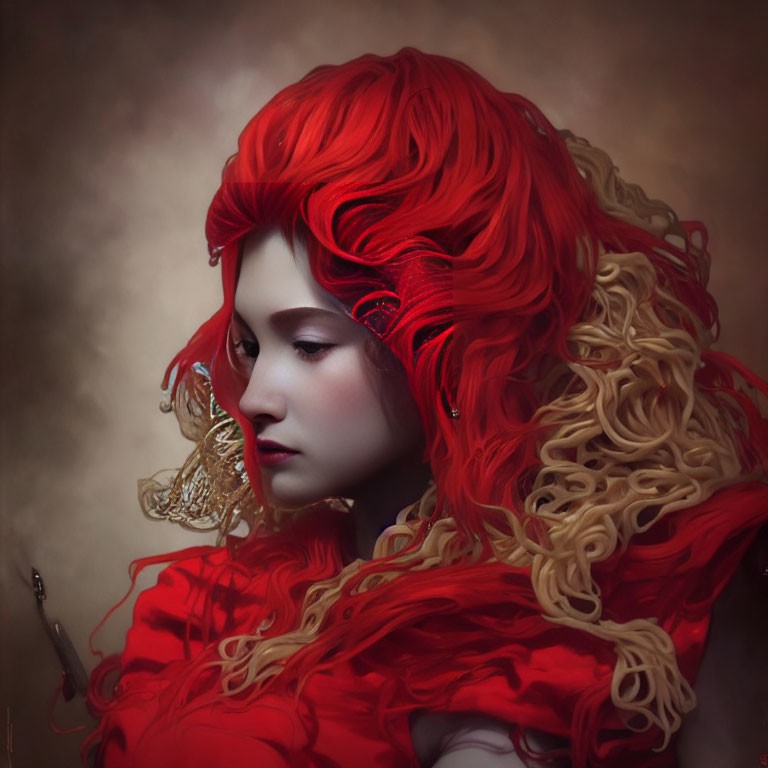 Portrait of Person with Voluminous Curly Red Hair and Red Ruffled Collar