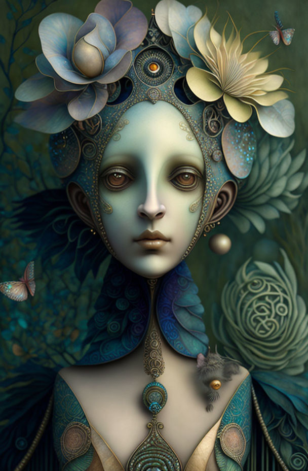 Surrealist portrait of being with blue skin and peacock feather details