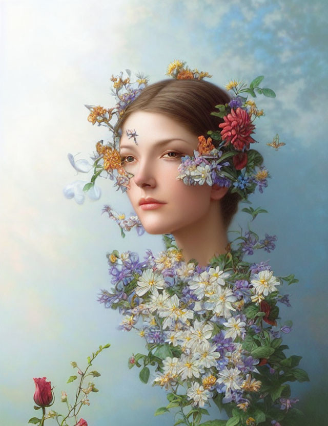 Portrait of Woman with Floral Wreath Against Cloudy Sky