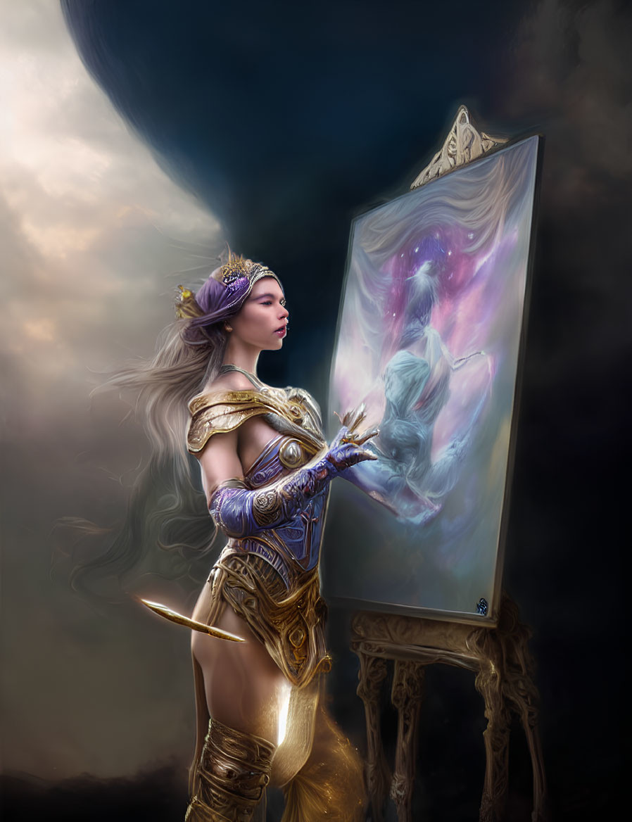 Fantasy armored female artist painting ethereal figure on canvas