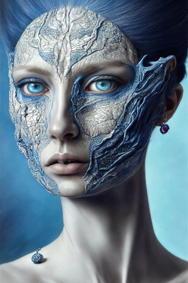 Surreal portrait of female with cracked earth-like texture, blue eyes, and elegant jewelry