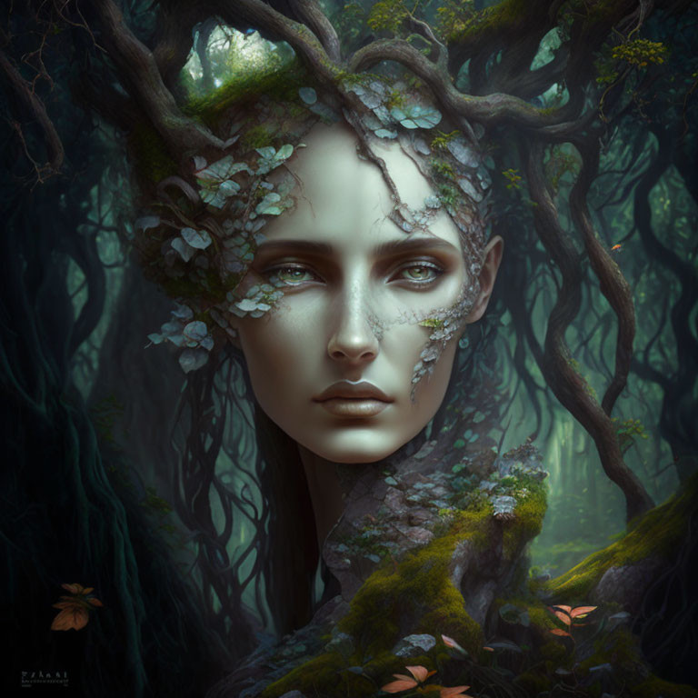 Woman's face merges with mystical forest in surreal portrait