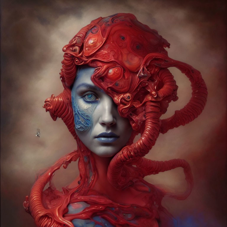 Surreal portrait of woman with red octopus headwear and tentacle accents