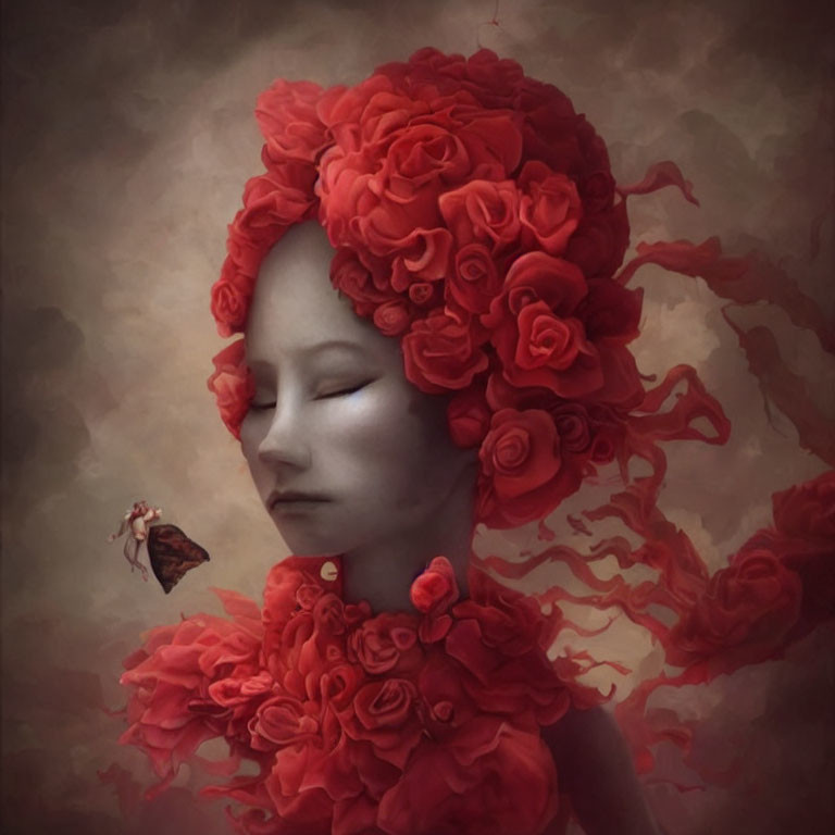 Surreal portrait of person in red rose gown with butterfly